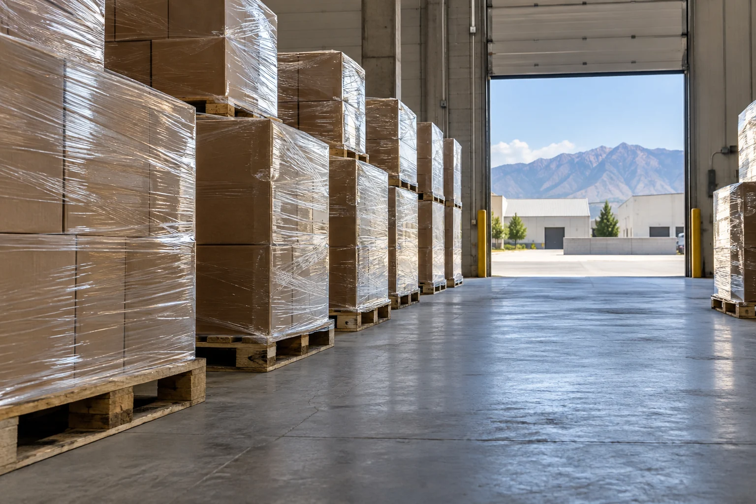 Wrapped palletized goods with a clear aisle beside a sunlit loading entrance